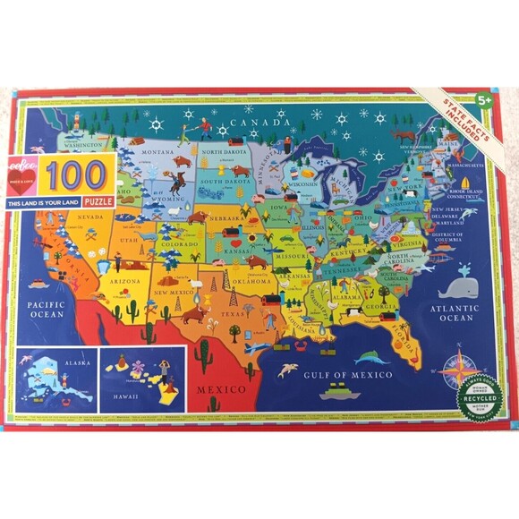 This Land Is Your Land 100 Piece United States US Map Puzzle 18" x 27" by Eeboo - Picture 1 of 5